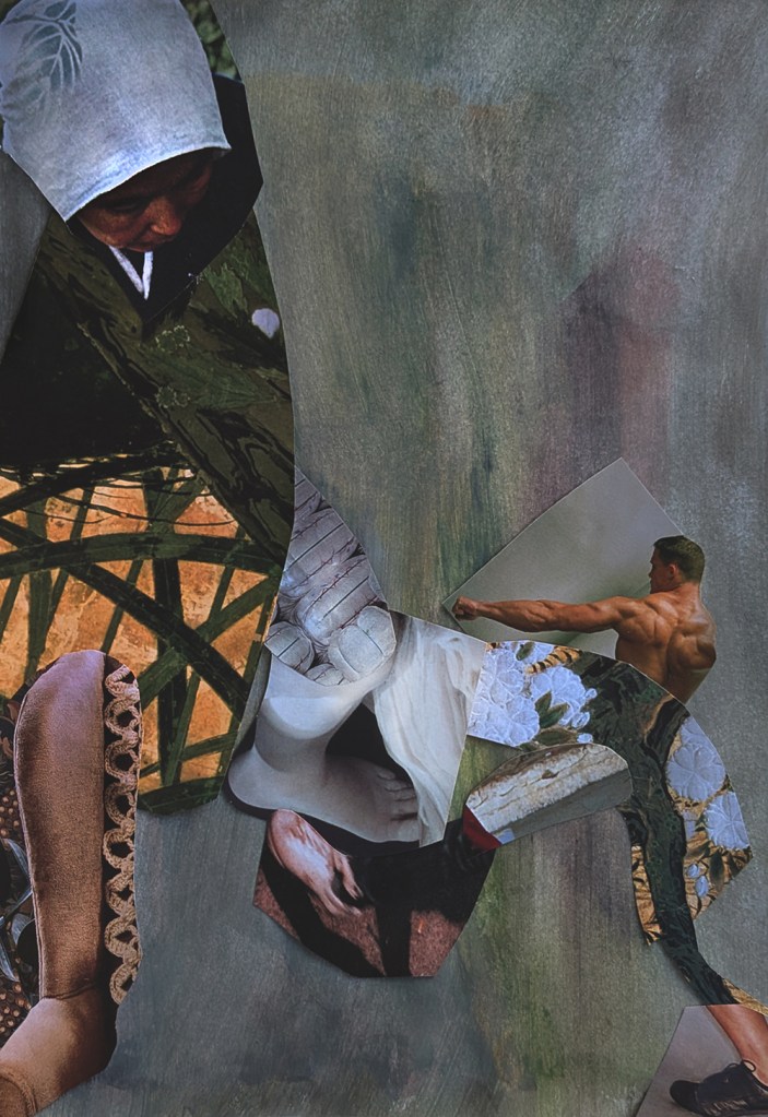 photograph of a paper collage by Tatiana Zakharova-Goodman; working with the question of composition and interaction between characters possible in the collage