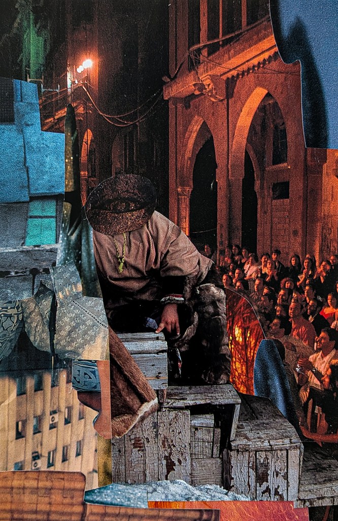 photograph of a paper collage by Tatiana Zakharova-Goodman; working with the question of composition and interaction between characters and creation of unreal, impossible space that are made possible by collage