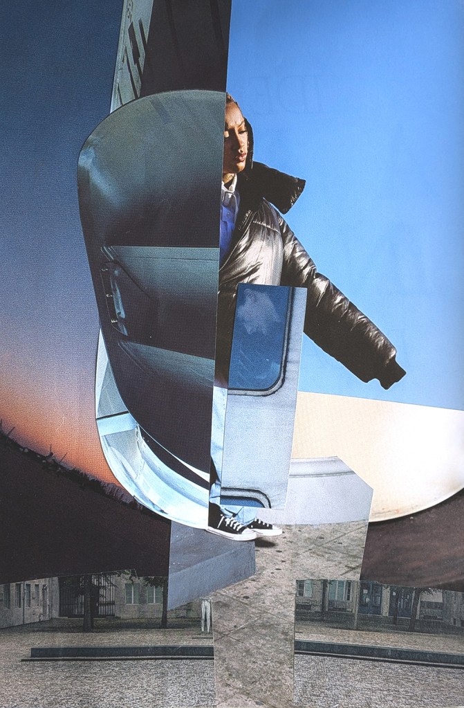 photograph of a paper collage by Tatiana Zakharova-Goodman; working with the question of composition and interaction between characters and creation of unreal, impossible space that are made possible by collage