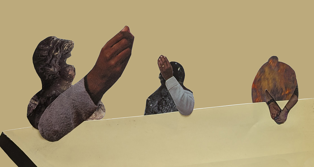 photograph of a paper collage by Tatiana Zakharova-Goodman; working with the question of composition and interaction between characters possible in the collage