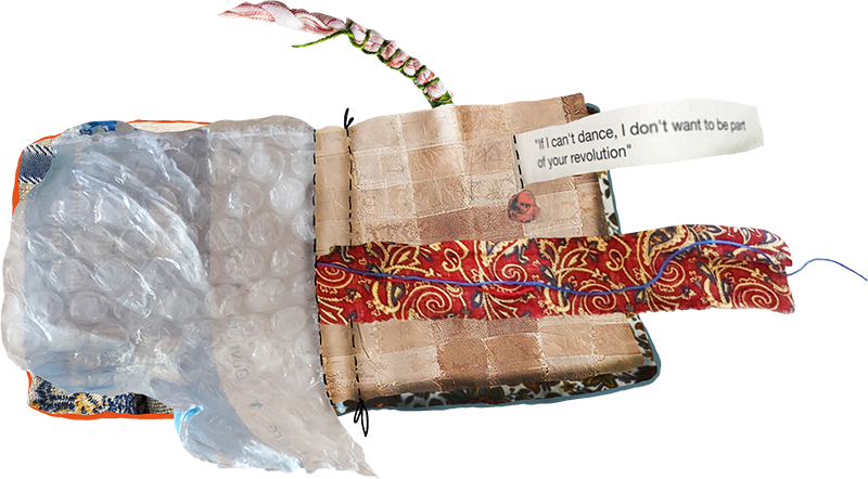 soft-book for toddlers (digital mock-up); part of waste pedagogies project by Tatiana Zakharova-Goodman; spread features quote "If I can't dance, I don't want to be part of your revolution"