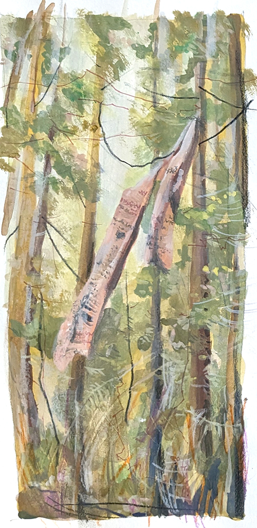 waste hanging in the forest, guache drawing