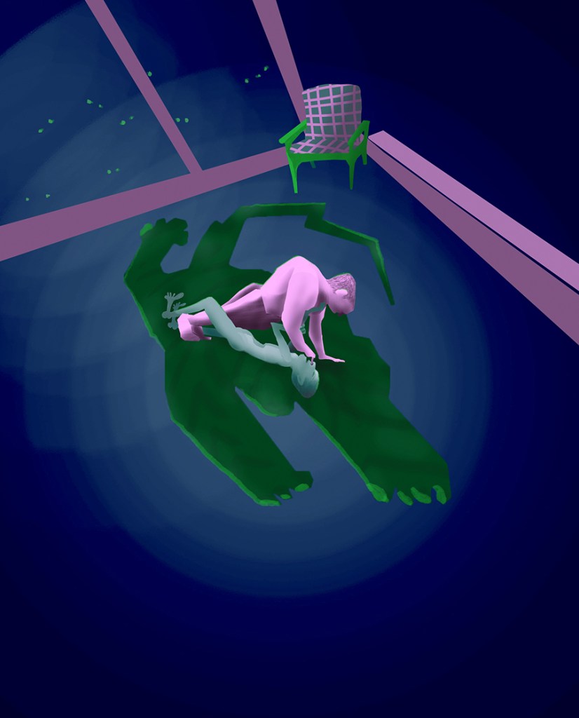 digital drawing "Alien in a great blue room" by Tatiana Zakharova-Goodman; 2026