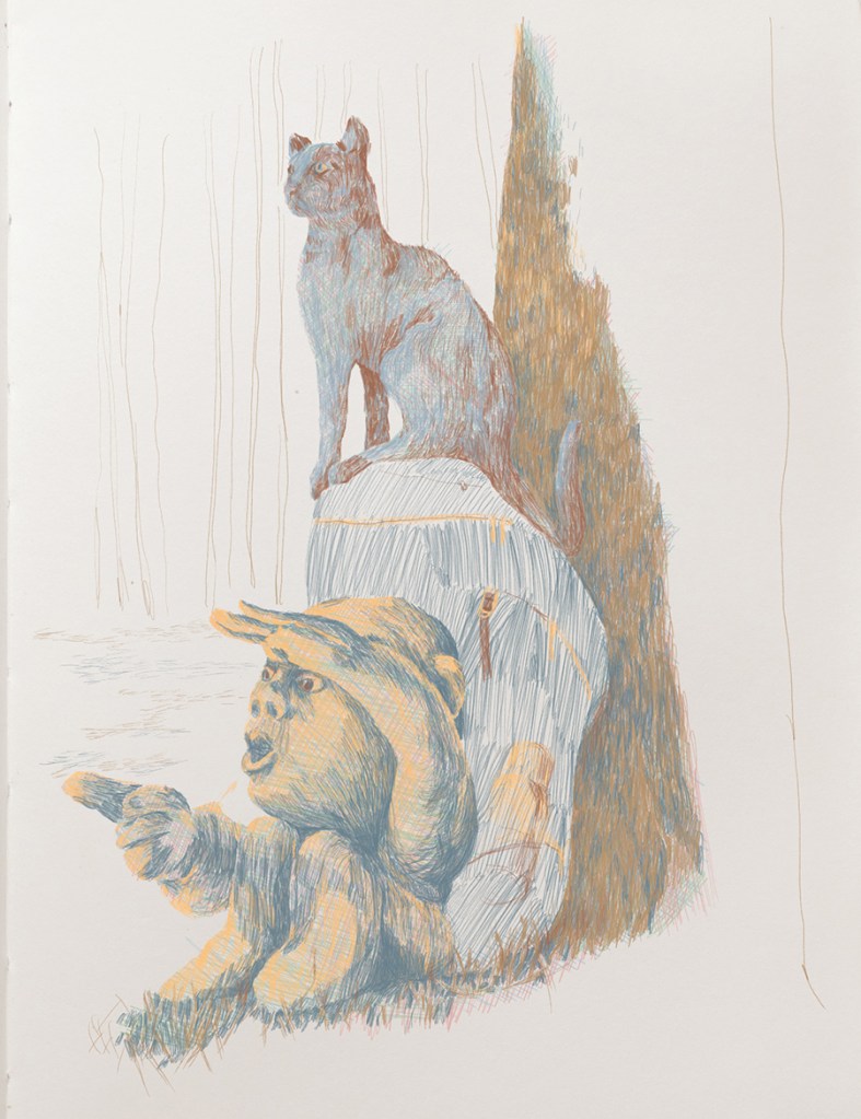 cat and the traveler looking far, digital drawing