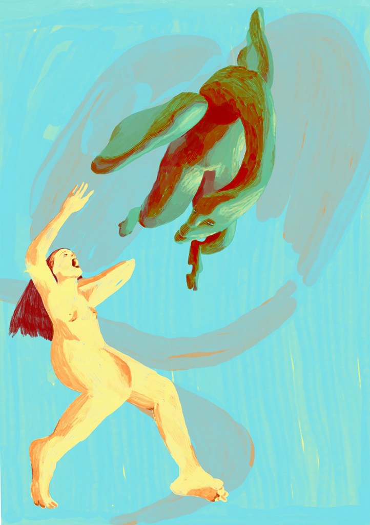 flying monster and a woman, digital drawing