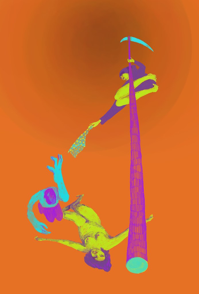 death comforting a heart-broken man; digital drawing