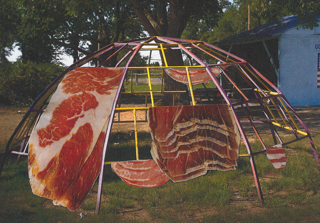 Playgrounds: Collage Series; paper collage by Tatiana Zakharova-Goodman; collage fures a playground structure with pieces of meat hanging from it