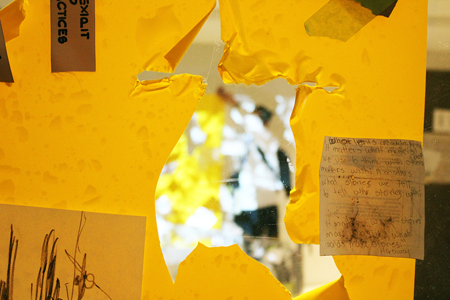 re:materia exhi’pit is a participatory artistic installation and exhibition space; Tatiana Zakharova-Goodman as an atelierista; part of waste pedagogies project; photo features close-up of traces and documentation