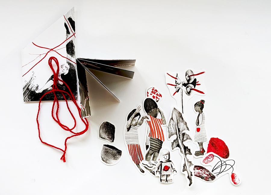 The entanglement game; a project by Tatiana Zakharova-Goodman featuring a zine, drawings, figures of children, stones, and others