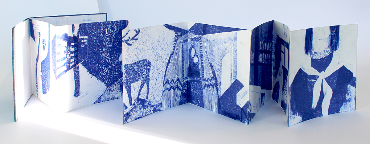 Corners; a hand-made leporello book with blue carbon paper drawings; project by Tatiana Zakharova-Goodman
