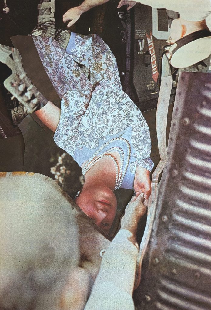 photograph of a paper collage by Tatiana Zakharova-Goodman; working with the question of composition and interaction between characters and creation of unreal, impossible space that are made possible by collage