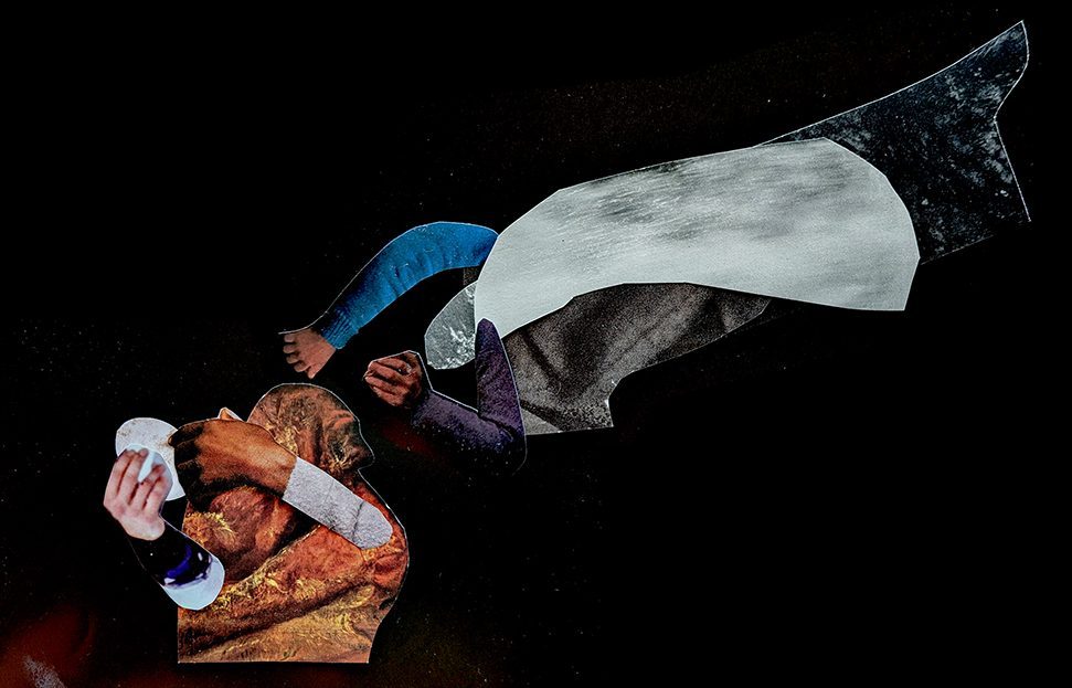 photograph of a paper collage by Tatiana Zakharova-Goodman; working with the question of composition and interaction between characters and creation of unreal, impossible space that are made possible by collage