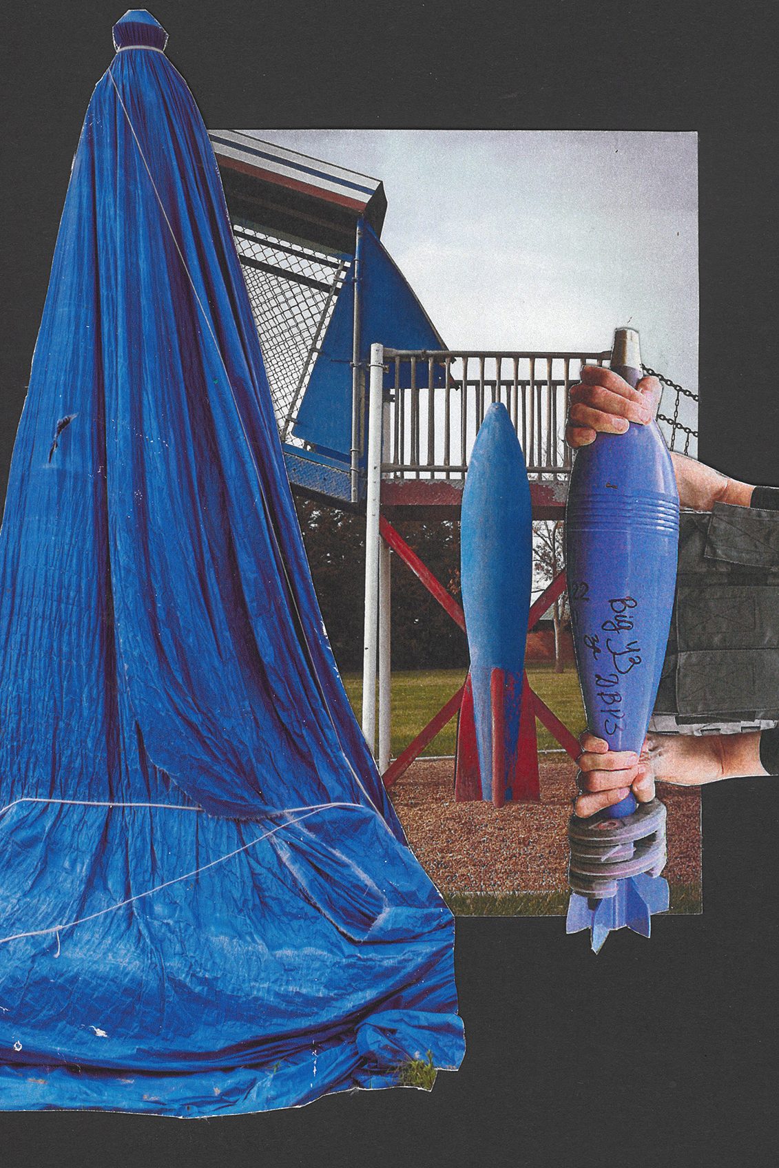 Playgrounds: Collage Series; paper collage by Tatiana Zakharova-Goodman; collage juxtaposes an image of a playrgound structure with a rocket with images of actual war rockets