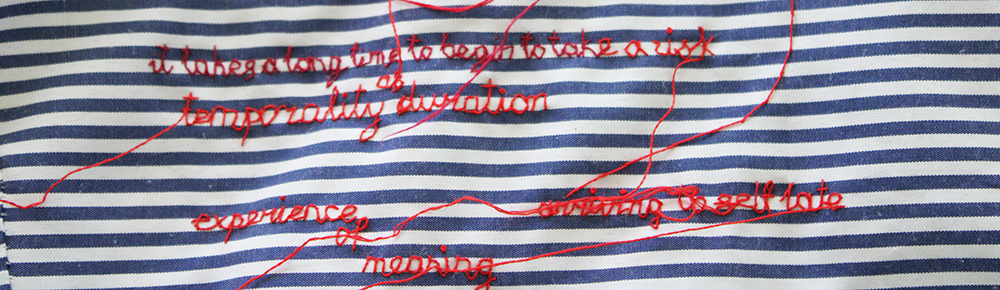 embroidery project by Tatiana Zakharova-Goodman; a shirt which includes embroidered notes from 2026 CSSE (Canadian Society for the Study of Education) Conference; detail