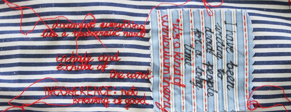 embroidery project by Tatiana Zakharova-Goodman; a shirt which includes embroidered notes from 2026 CSSE (Canadian Society for the Study of Education) Conference; detail
