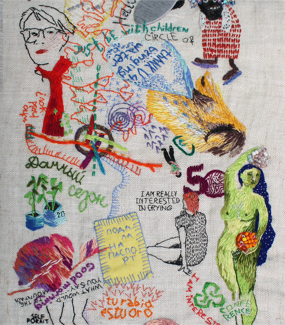 embroidery project by Tatiana Zakharova-Goodman; a fabric scroll of embroidered images from daily life; photograph of detail