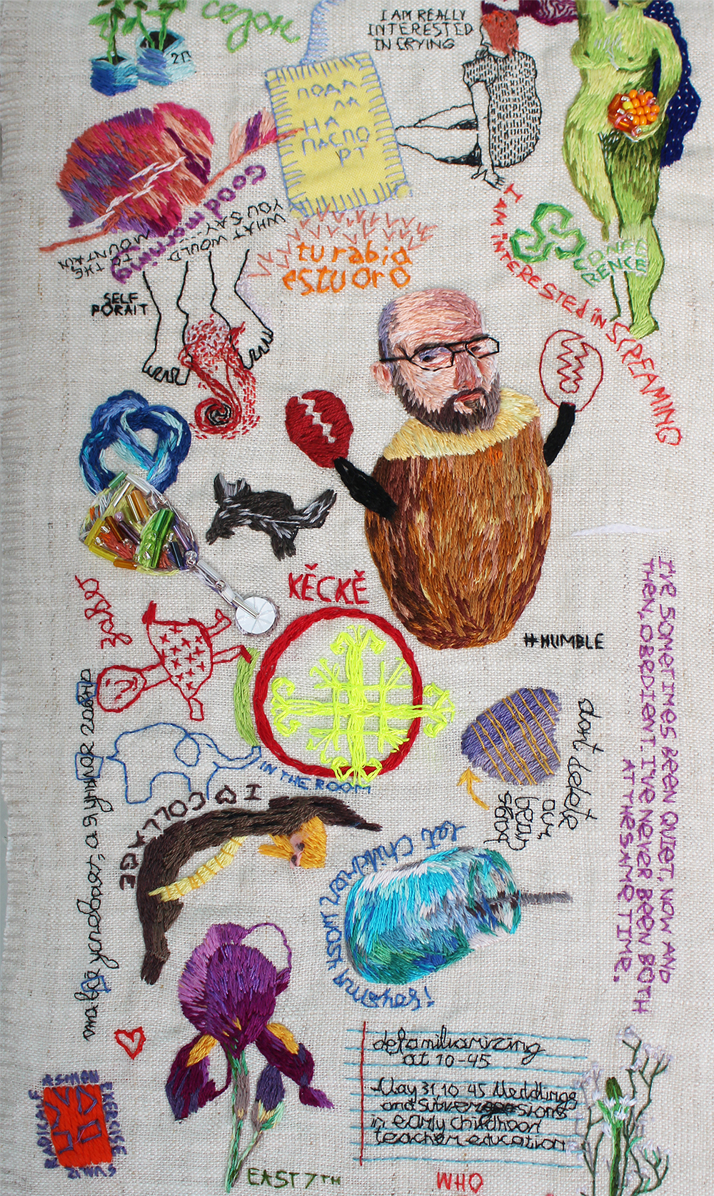 embroidery project by Tatiana Zakharova-Goodman; a fabric scroll of embroidered images from daily life; photograph of detail