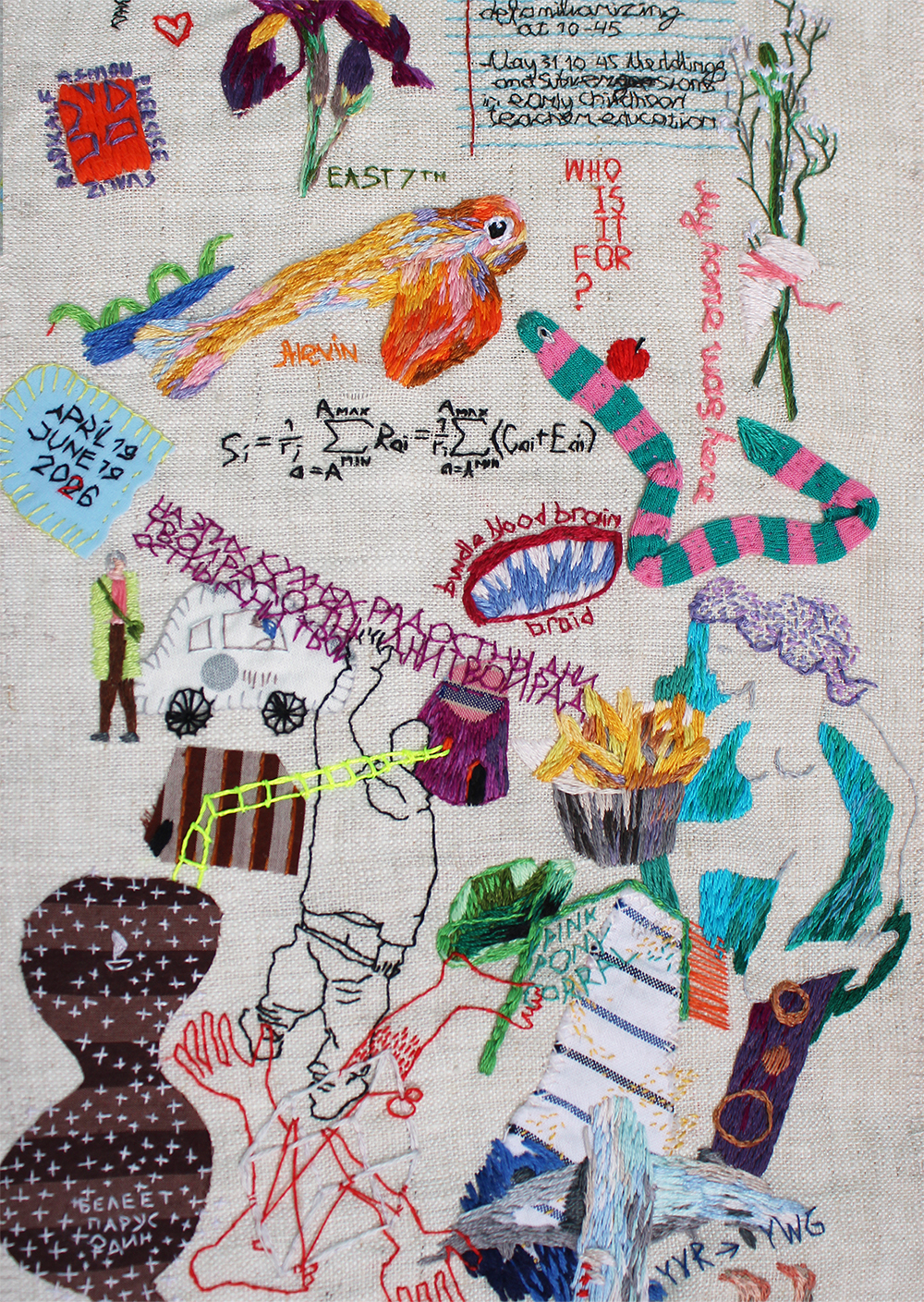 embroidery project by Tatiana Zakharova-Goodman; a fabric scroll of embroidered images from daily life; photograph of detail
