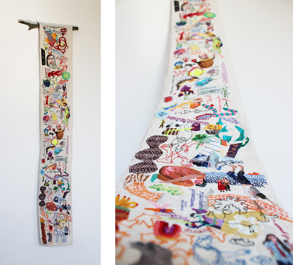 embroidery project by Tatiana Zakharova-Goodman; a fabric scroll of embroidered images from daily life