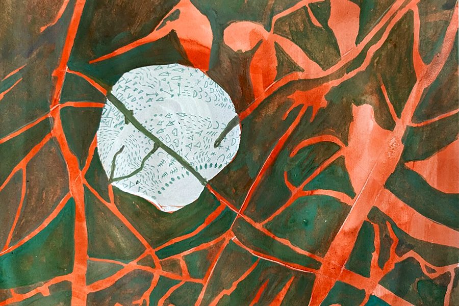 discarded siaper growing on the forest flooe; drawing by Tatiana Zakharova-Goodman