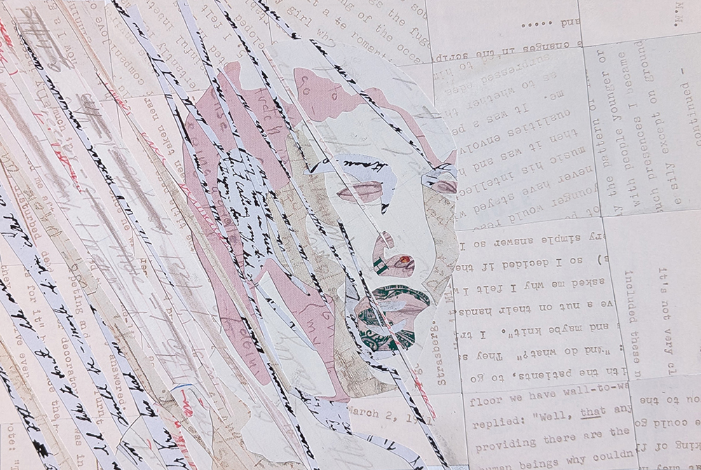 Collage from series "Loudly" by Tatiana Zakharova-Goodman; photograph of the analogue paper collage based on the screen from a film Pscyho