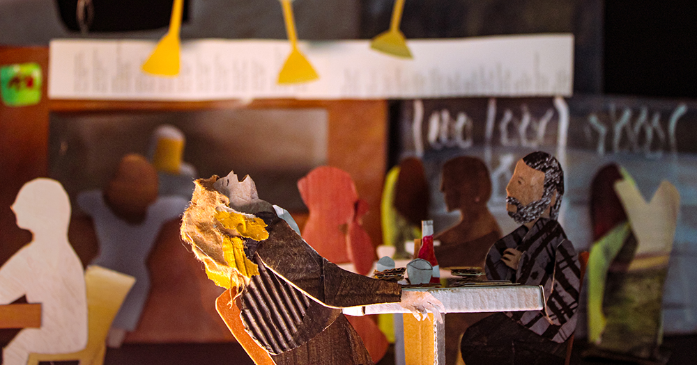 3D collage from series "Loudly" by Tatiana Zakharova-Goodman; photograph of the analogue three-dimensional paper collage on the motive of the film "When Harry met Sally"