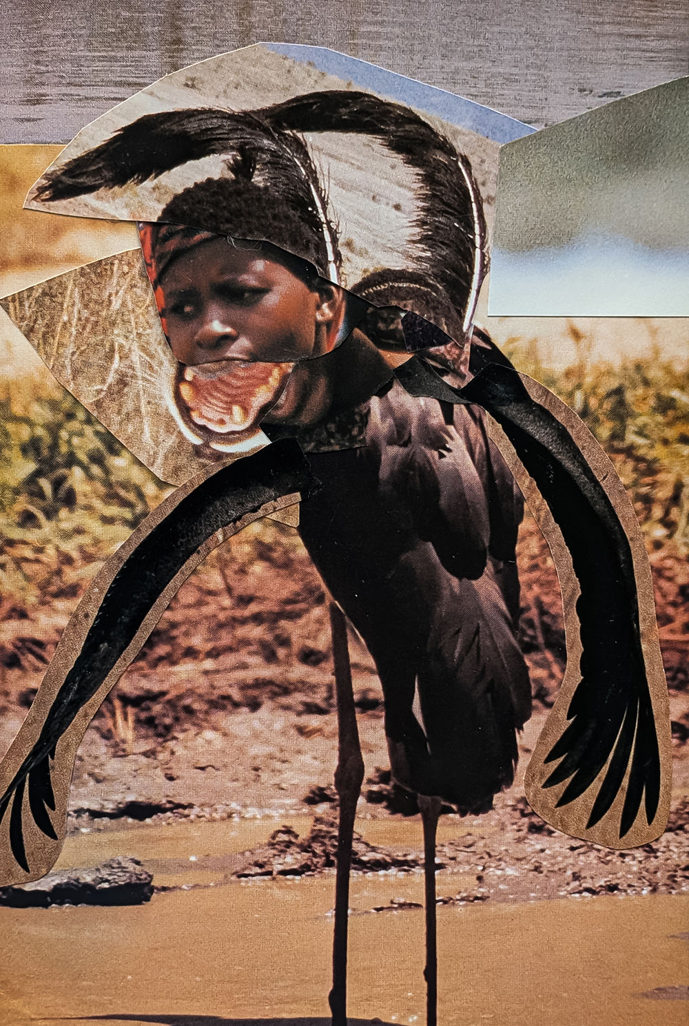 Collage from series "Loudly" by Tatiana Zakharova-Goodman; photograph of the analogue paper collage of a siren or harpy