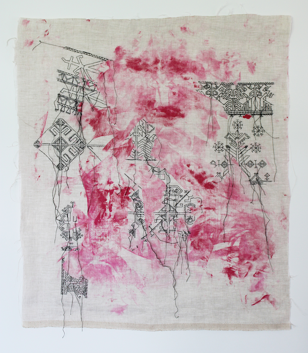 embroidery by Tatiana Zakharova-Goodman; a large canvas featuring black embroidery of Chuvashian motives over paint