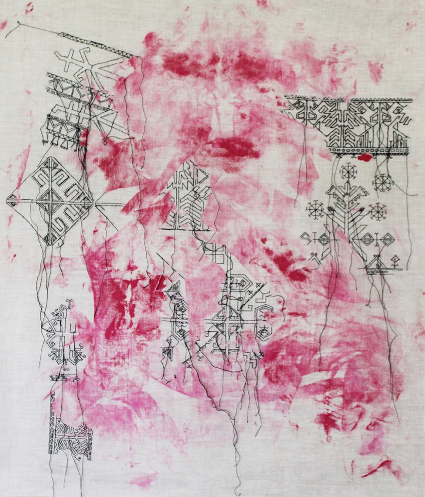 embroidery by Tatiana Zakharova-Goodman; a large canvas featuring black embroidery of Chuvashian motives over paint