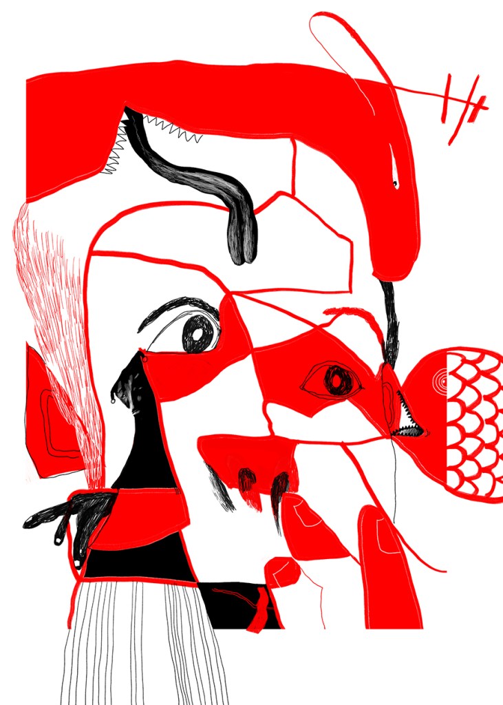 red doodle, "young child meeting monsters" digital drawing (Photoshop), 2026, by Tatiana Zakharova-Goodman