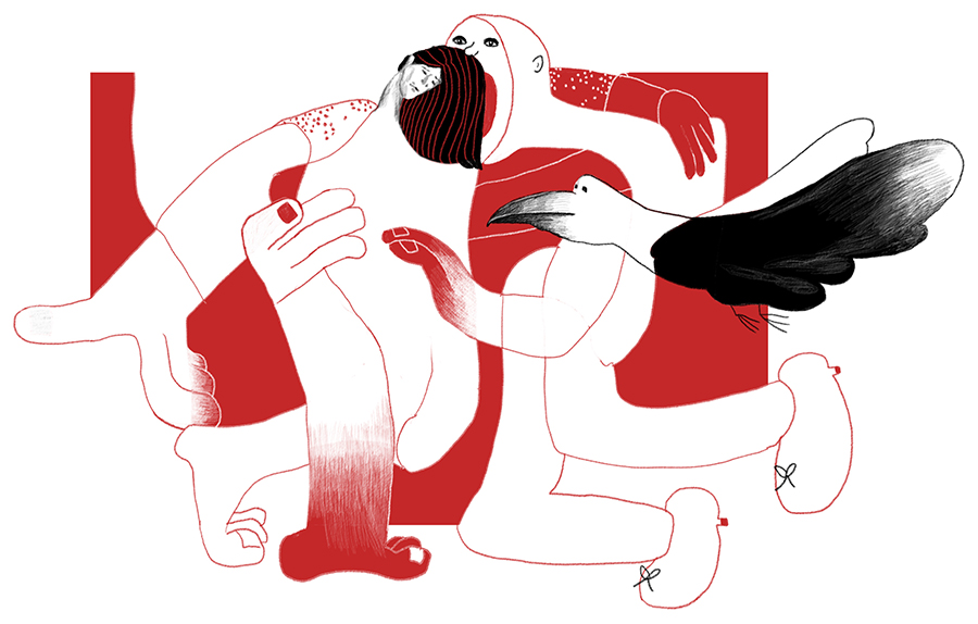 red doodle, "drunk meeting a raven and a man-eater", digital drawing (Photoshop), 2026, by Tatiana Zakharova-Goodman