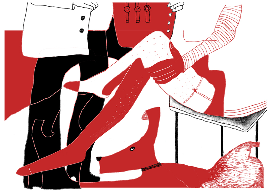 red doodle "dog, woman, and stolen-watches salesperson", digital drawing (Photoshop), 2026, by Tatiana Zakharova-Goodman